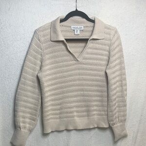 Rachel Zoe Beige Open-Stitch V-Neck Sweater with Collar